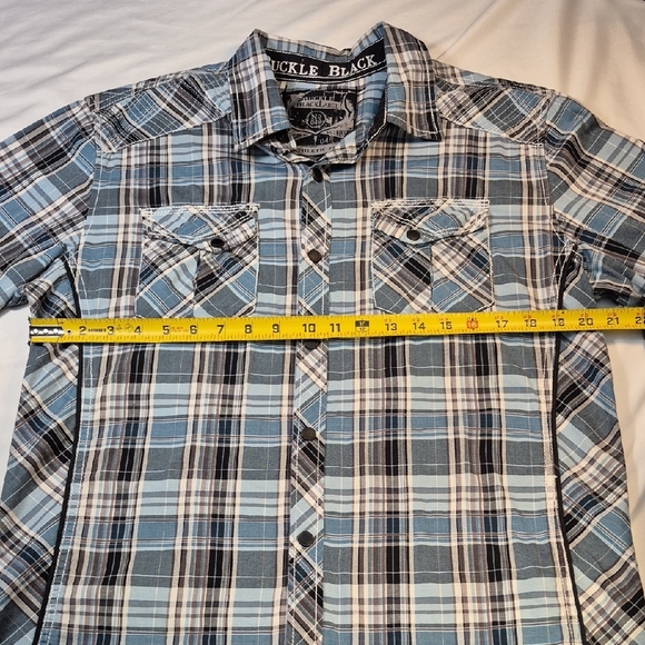 Buckle Black, Long Sleeve Black Label  Blue and Black Plaid Snap Down Mens Shirt - Picture 4 of 16
